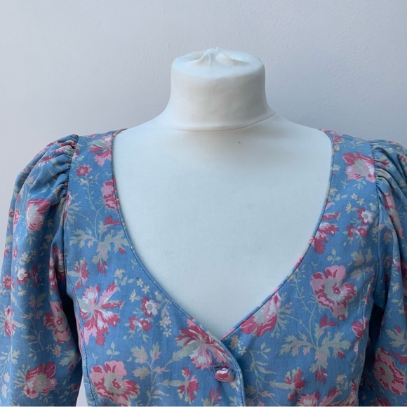 Vintage Laura Ashley Size 14 Cotton Tea Dress Button Front Blue Cornflower Pink - Picture 3 of 13